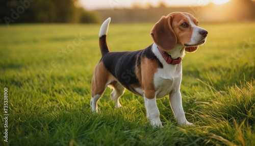 Beagle dog, dog at dawn, purebred dog in nature, happy dog, beautiful dog