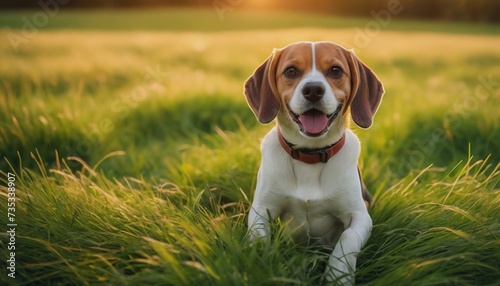 Beagle dog, dog at dawn, purebred dog in nature, happy dog, beautiful dog