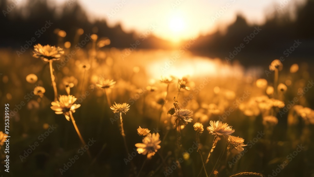 A clearing with flowers in the golden light of sunset.