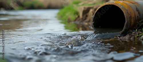 Rusty pipe submerged in clear water near a flowing stream in serene natural environment