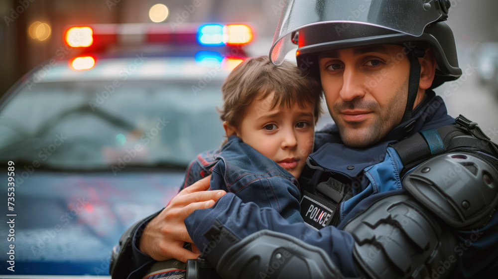 A brave policeman in a protective helmet holds a frightened child in his arms, freed from child slavery. The concept of illegal human trafficking, illegal child labor