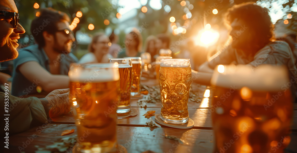 A festive group of women clad in casual clothing and beaming faces enjoy ice-cold glasses of beer at an outdoor festival A festive group of women clad in casual clothing and beaming faces enjoy ice-cold glasses of beer at an outdoor festival