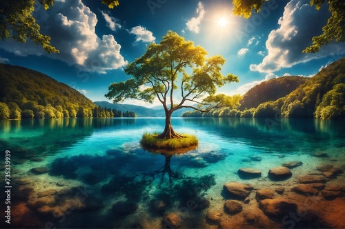 a tree in the center of a beautiful lake © Meeza