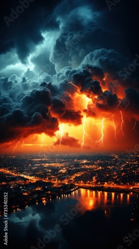 A dramatic lightning storm strikes over a bustling city, lighting up the night sky with electrifying bolts.