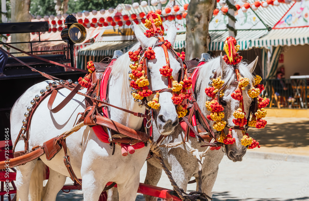 Elegant Horses Adorned for Seville April Fair Celebration
