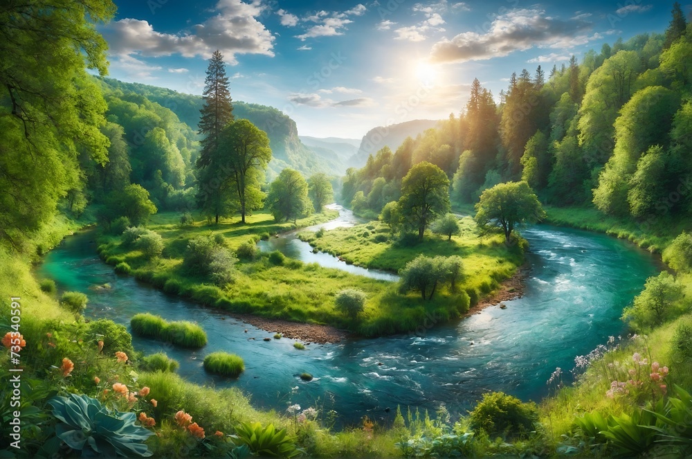 a flowing river amidst lush green nature