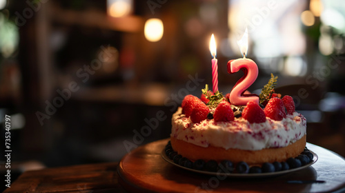 Bolo de aniversário com vela de numero 2 na mesa de madeira no café, closeup