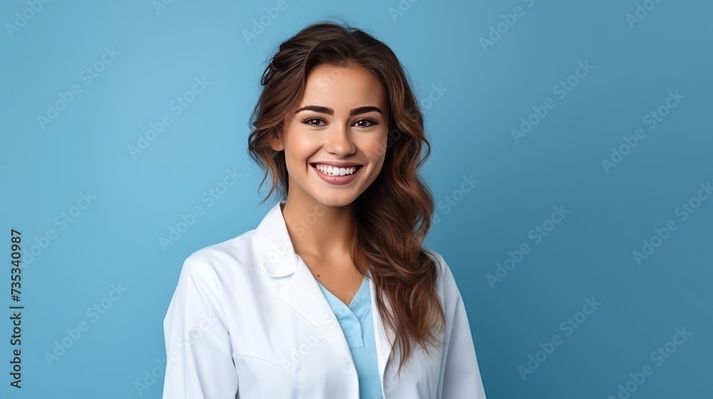 A young doctor is a woman on a blue background in a white coat. He looks at the camera and smiles. The concept of health and care.