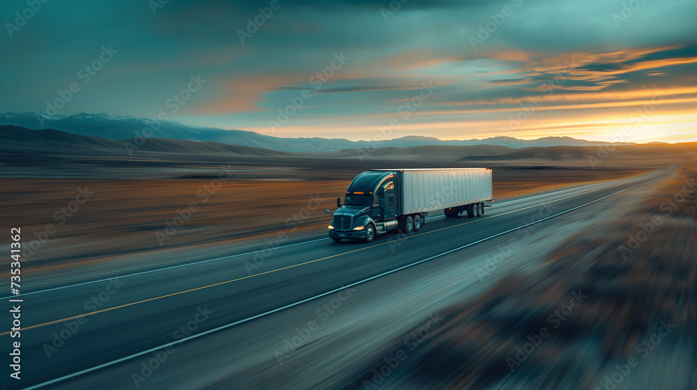 Dynamic Truck Transportation logistics on display as a blue semi hauls cargo between the contrasting environments of a golden desert and icy mountains