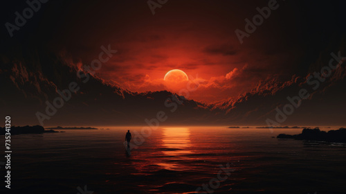 Figure Standing in Shallow Waters with a Majestic Red Sunset and a Crescent Moon