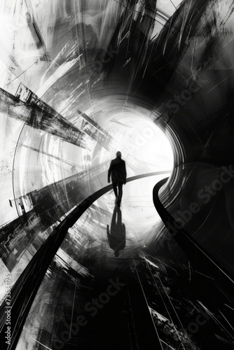 a black and white image of a human walking through a tunnel, flattened perspectives
 photo