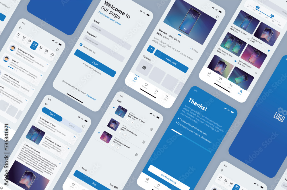 Smartphone UI app. Phone screens for shop application. Mobile interface with account login and shopping cart. Screenshots responsive website mockups.