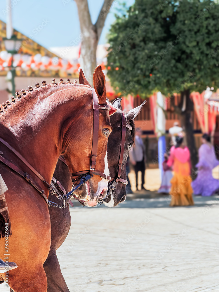 Obraz premium Elegant horses and riders at the vibrant Seville Fair