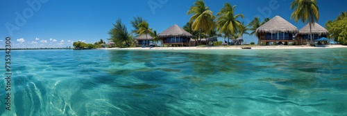 A tropical island with palm trees standing in crystal-clear water.