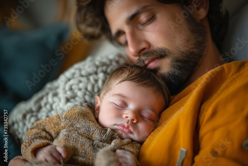 Father embracing his sleeping baby boy in arms.
