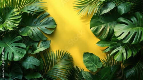 Lush Tropical Leaves on a Yellow Background