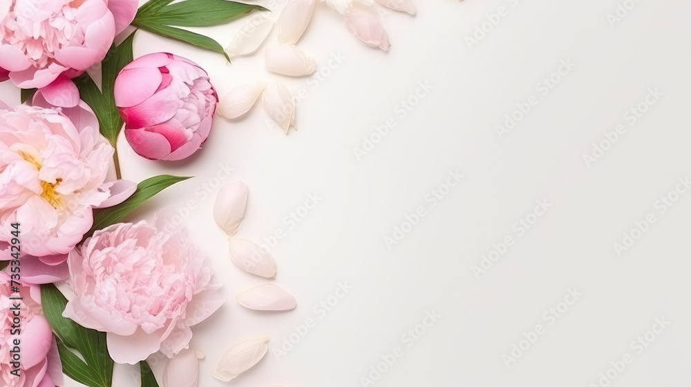 composition of a bouquet of pink peony flowers, top view with copy space on a white background
