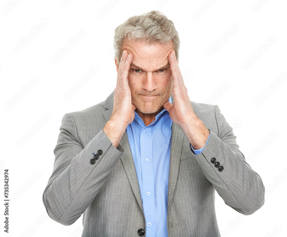 Angry, business man and ceo with portrait of headache from fail and work mistake in studio. Mature, sales manager and boss with stress from problem and job issue and frustrated with white background Angry, business man and ceo with portrait of headache from fail and work mistake in studio. Mature, sales manager and boss with stress from problem and job issue and frustrated with white background