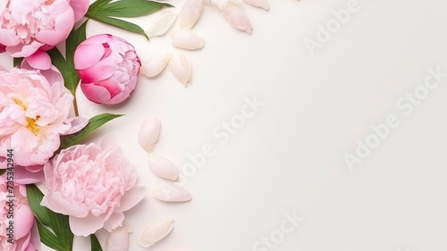 composition of a bouquet of pink peony flowers, top view with copy space on a white background © ТаtyanaGG