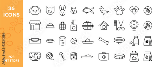 Zestaw ikon dla sklepu zoologicznego. Kolekcja grafik wektorowych przedstawiająca zwierzęta domowe, akcesoria, pokarm oraz zabawki dla zwierząt.