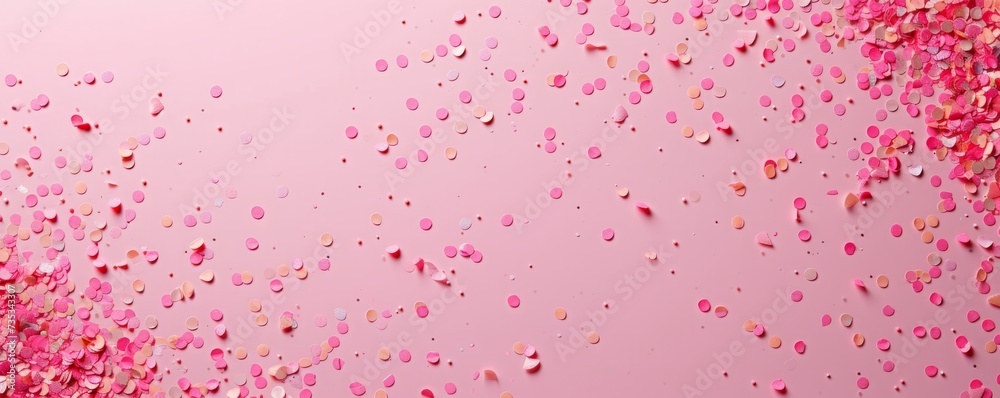festive confetti on pink background.