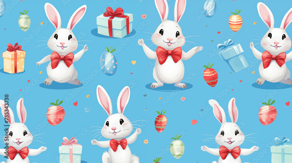 Cheerful Easter Bunnies with Gifts and Eggs Pattern Cheerful Easter Bunnies with Gifts and Eggs Pattern