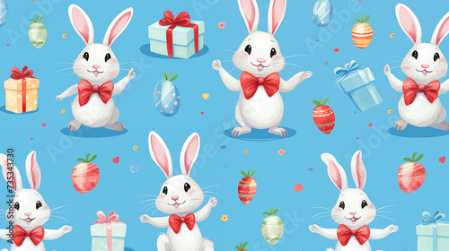 Cheerful Easter Bunnies with Gifts and Eggs Pattern