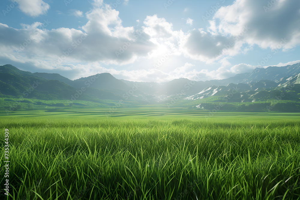 Green rice fields with clear skies