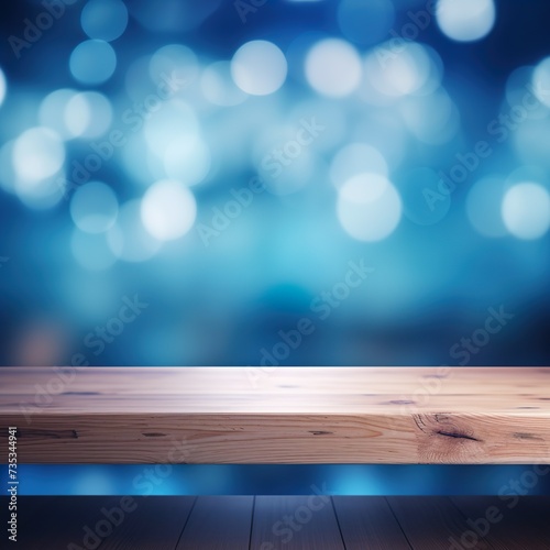 wooden or stage counter top for product distlay showcase template with blur office space bokeh background in blue color tone