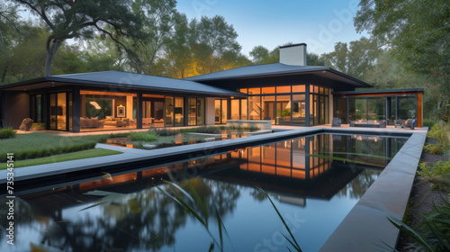 Combining the best of both worlds this home is anchored by traditional foundation elements while appearing to float above a serene reflecting pool.