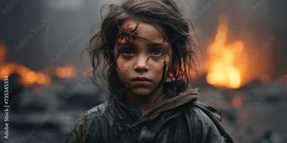 Young girl in the aftermath of destruction, her eyes conveying a silent plea for peace and comfort