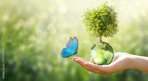 Earth Day or World Environment Day, environmentally friendly concept. Tree growing on globe and Morpho butterfly in hand on green background. Save planet and protect nature, sustainable lifestyle.