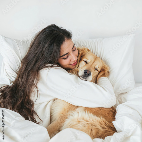 Wallpaper Mural A loving woman finds solace and companionship in her cherished dog as they cuddle together on a cozy bed, their bond reflected in the warmth of their embrace Torontodigital.ca