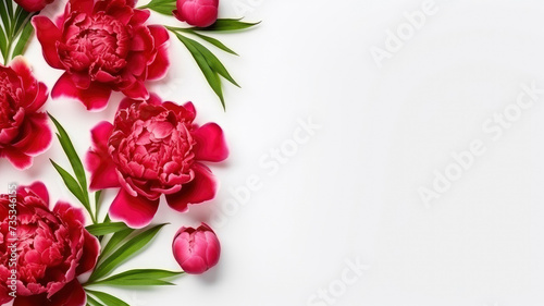 composition of a bouquet of red peony flowers, top view with copy space on a white background