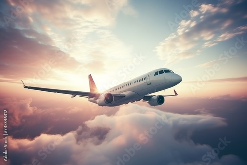 Single engine commercial aircraft soaring above the fluffy white clouds in the blue sky