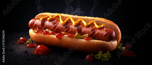 Hot Dog with Mustard and Ketchup on a Sesame Seed Bun Against a Dark Background