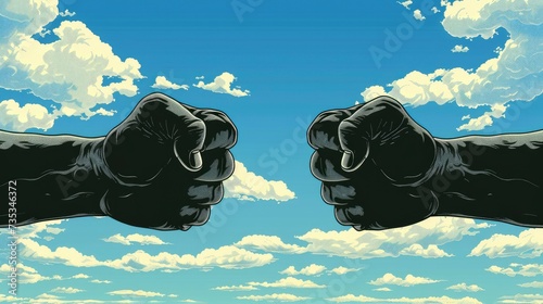 Clash of Determination. Two Fists Collide Against a Dramatic Sky, Symbolizing the Spirit of Conflict and Resolution. photo