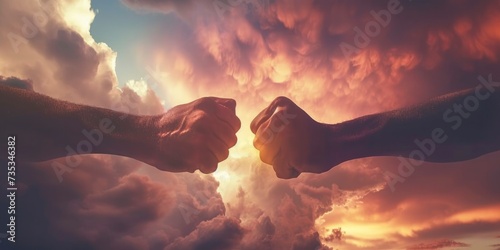 Clash of Determination. Two Fists Collide Against a Dramatic Sky, Symbolizing the Spirit of Conflict and Resolution. photo