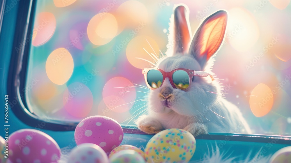 Easter Bunny with Sunglasses Peeking Out of a Car, Surrounded by Colorful Easter Eggs