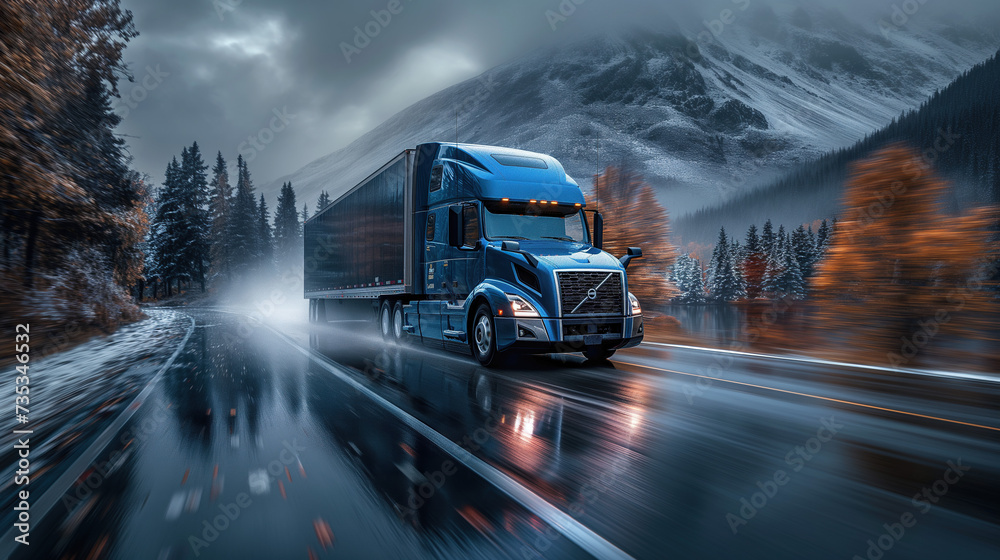 semi-truck in the midst of fall's splendor represents Truck Transportation logistics, merging the beauty of the season with the dynamism of modern freight transportation