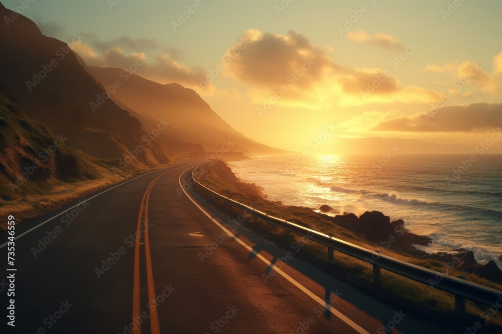 Beautiful landscape with cars traveling on highway during breathtaking golden sunset