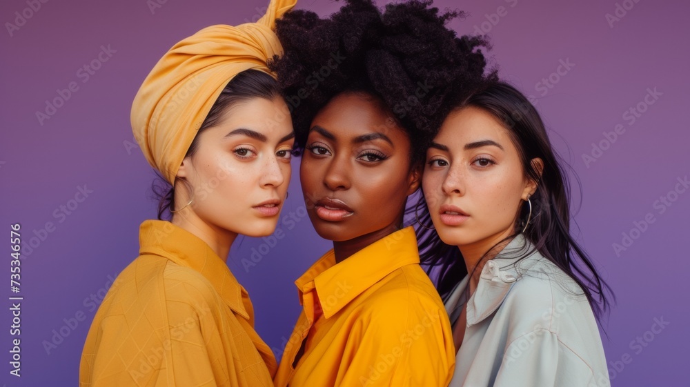 Portrait of three different nation women asian african-american and caucasian are brought together with diverse type on skin. Isolated on purple background Portrait of three different nation women asian african-american and caucasian are brought together with diverse type on skin. Isolated on purple background