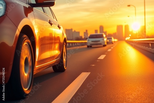 Mesmerizing view of traffic during a stunning golden sunset on the vibrant highway