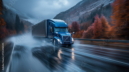Truck Transportation logistics, illustrating seamless freight movement against a canvas of autumnal forest hues and misty roads