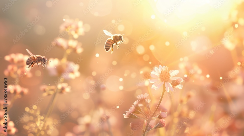 A serene summer scene with wildflowers blooming in a meadow, bees diligently at work, against a backdrop of beautiful bokeh