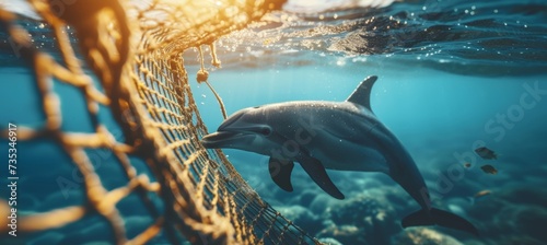 Dolphin trapped in fishing net showcases human waste s impact on underwater marine life.
