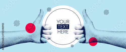 Hands showing thumbs up gesture. Concept of human partnership with chat speech bubble. Design for banner, flyer, poster or blue brochure. Like hand in dotted grain style. Vector illustration