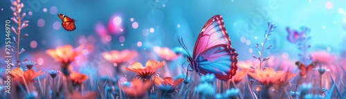 Flowers and butterflies in blue sky. Romantic spring concept. Generative AI