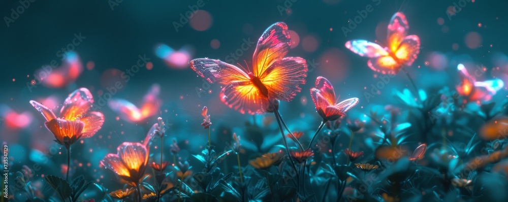 Flowers and butterflies in blue night. Romantic spring concept. Generative AI