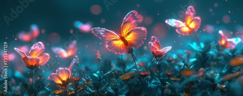 Flowers and butterflies in blue night. Romantic spring concept. Generative AI © Miss V